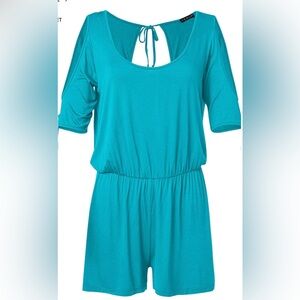 Venus Torquiose Open Back Cold Shoulder Romper